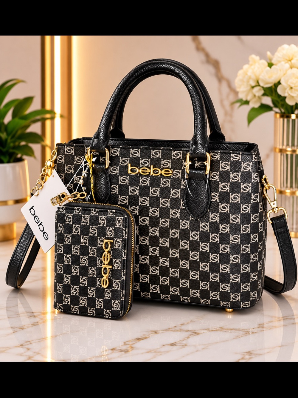 bebe Black Logo Monogram Satchel with Removable Pouch